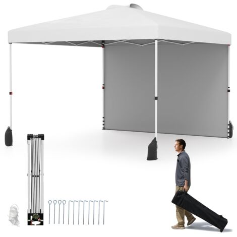 Gazebo da giardino 3 x 3 m con parete laterale, tenda pieghevole per feste con borsa trolley, 8 picchetti, 4 ancoraggi, per campeggio e feste, Bianco