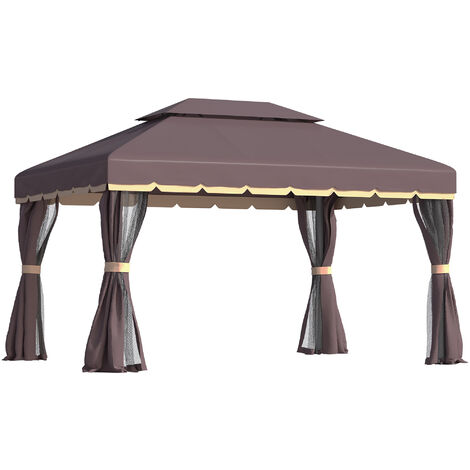 Gazebo da Giardino con Doppio Tetto e Zanzariera in Poliestere Caffè 2.9x3.9m