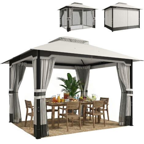 Gazebo da giardino grigio chiaro con doppio tetto, 4 pareti e zanzariera per terrazza esterna - 360x300x279 cm