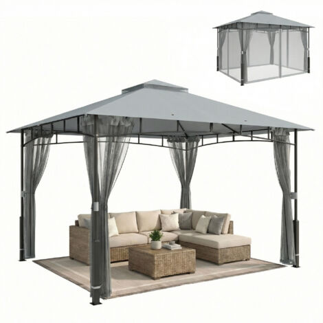 Gazebo da giardino grigio con doppio tetto e pareti laterali in rete, protezione UPF50+, per esterni e patio, 360x300x275 cm