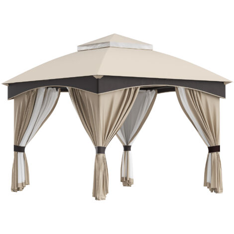 Gazebo da giardino in acciaio 3x3 m con doppio tetto e tende, beige e grigio