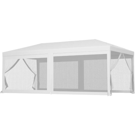 Gazebo da Giardino per Feste con 6 Pareti Rimovibili a Zanzariera 582x295x255cm Bianco