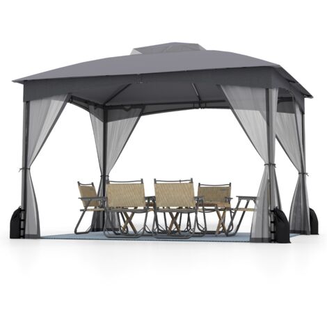 Gazebo da patio tetto morbido a doppia copertura con 4 sacchetti di sabbia, Gazebo da patio 3 x 3,6 m per prato giardino all'aperto Grigio