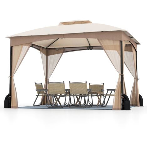 Gazebo da patio tetto morbido a doppia copertura con 4 sacchetti di sabbia, Gazebo da patio 3 x 3,6 m per prato giardino all'aperto Sabbia