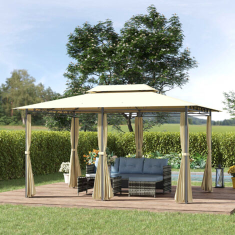 Gazebo de jardin 3x4m avec rideaux et toit à 2 niveaux, blanc crème