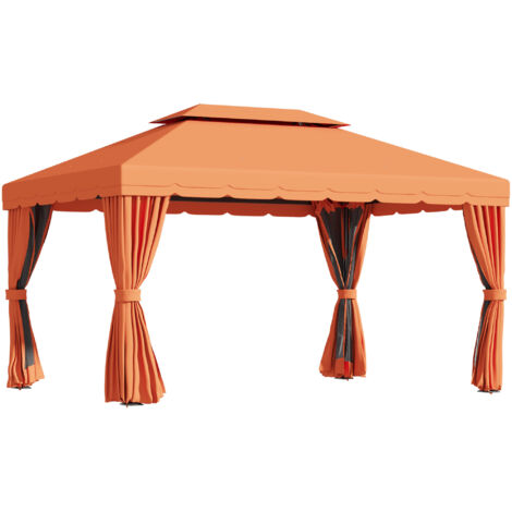 Gazebo de Jardin 4x3m avec Double Toit et Stores Latéraux, Couleur Orange