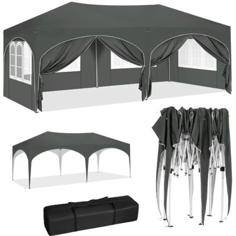 Gazebo de pavillon pliant 3x6m auvent de jardin avec 6 parois latérales hauteur réglable tente de fête de Protection UV étanche avec sac Gris
