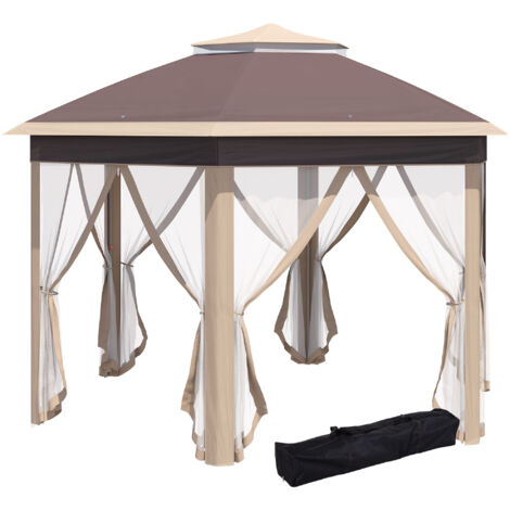 Gazebo esagonale a montaggio rapido per esterni, patio, con doppio tetto e zanzariera, 3 x 4 m, color kaki.