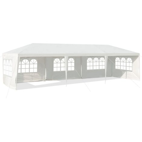 Gazebo impermeabile 3x9m con 5 pannelli laterali rimovibili, Tenda per matrimonio eventi in spiaggia barbecue Bianco