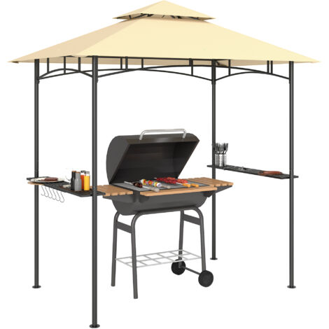 Gazebo per barbecue 2,44 m x 1,52 m, gazebo a due livelli con luci a LED, 2 ripiani laterali, ganci, beige.