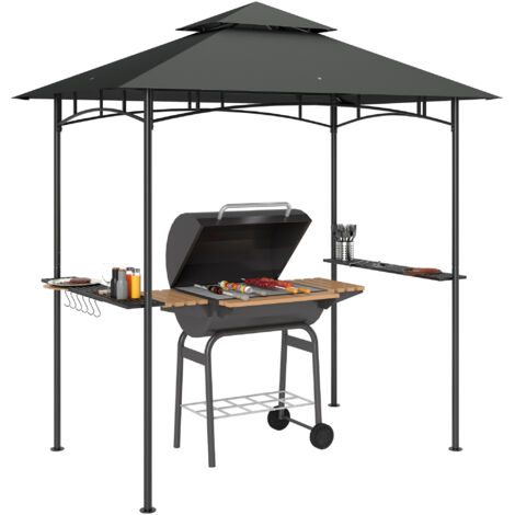 Gazebo per barbecue 2,44 m x 1,52 m, gazebo a due livelli con luci a LED, 2 ripiani laterali, ganci, grigio scuro.