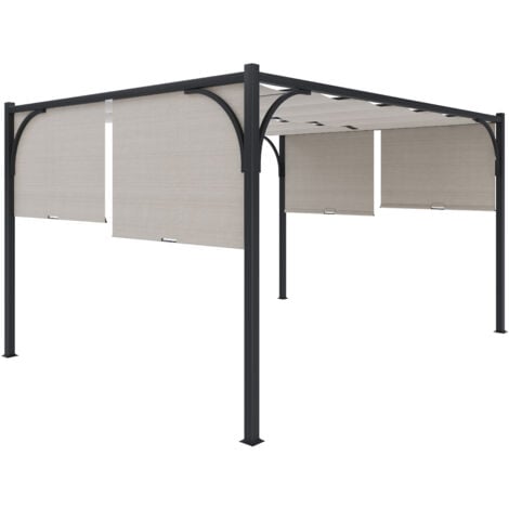 Gazebo Pergola 3x3 M Pergolato Con Tetto Scorrevole Telo Colore Beige Impermeabile Retrattile Richiudibile Struttura Nera In Acciaio Giardino Terrazzo Piscina Esterno Campeggio Design Elegante Moderno