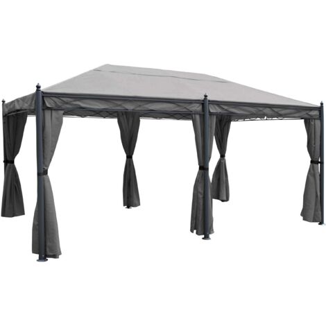 Gazebo pergola baldacchino moderno elegante Cadice acciaio poliestere 5x3m grigio con zanzariere e tende
