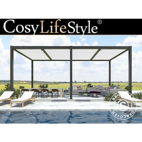 Gazebo pergola bioclimatico San Pablo Alu+, 3x5,8m, Nero/Bianco