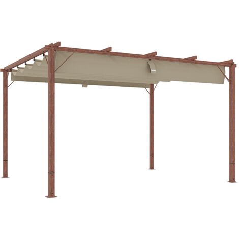 Gazebo Pergola da Giardino 382x300x232 cm con Tetto Retrattile in Poliestere e Alluminio color Legno