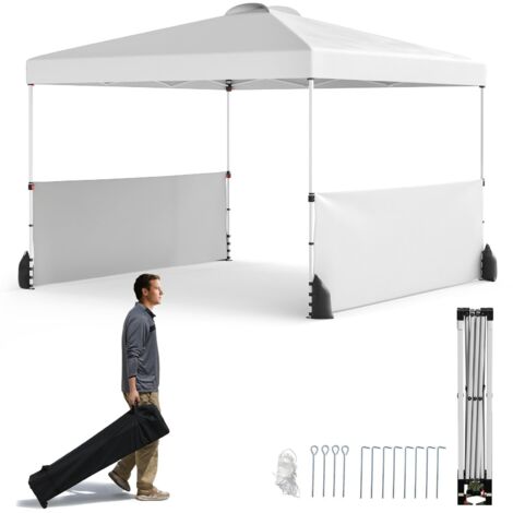 Gazebo pieghevole 300 x 300 cm con 2 mezze pareti laterali, borsa trolley, 8 picchetti, 4 ancoraggi, 4 corde antivento, 4 sacchi di sabbia, Bianco