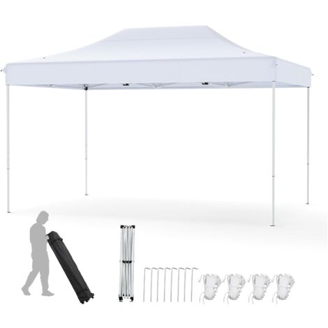 Gazebo pieghevole, 300 x 445 cm, facile da montare, gazebo commerciale con fori di drenaggio, borsa con ruote, 4 corde, 8 picchetti, bianco