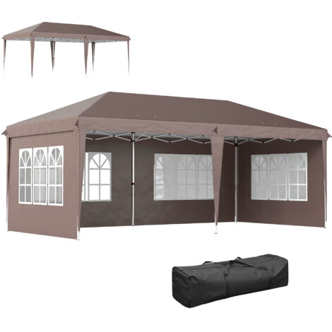 Gazebo pieghevole 6x3 m con 4 lati rimovibili, padiglione da giardino con 4 finestre e borsa per il trasporto, marrone.