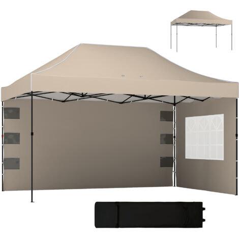 Gazebo pieghevole a scomparsa con pareti laterali e finestre, 2,9x4,3 m, in metallo e tessuto Oxford, marrone sabbia.