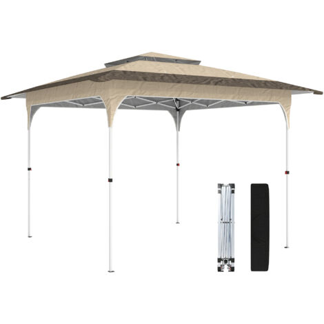 Gazebo pieghevole a scomparsa da 3,5x3,5 m con altezza regolabile su 3 livelli, doppio tetto, chiusura centrale e borsa per il trasporto beige con protezione UPF50+.