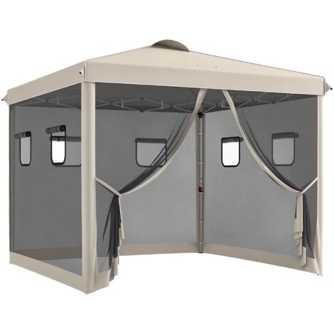 Gazebo pieghevole, altezza regolabile, tende in rete, borsa per il trasporto, struttura in metallo, 3 x 3 x 3 m, beige