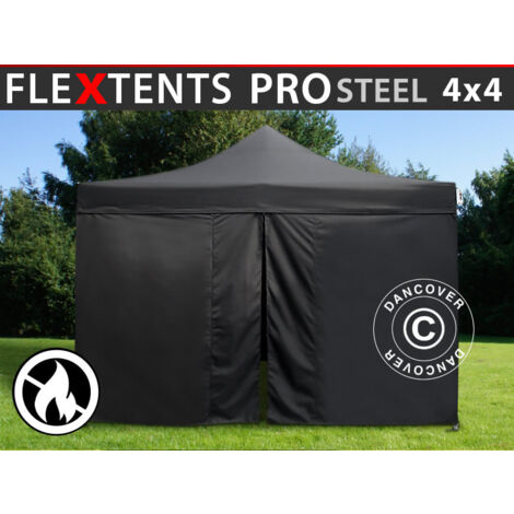 Gazebo pieghevole FleXtents PRO Steel 4x4m Nero, Ignifugo, incl. 4 fianchi