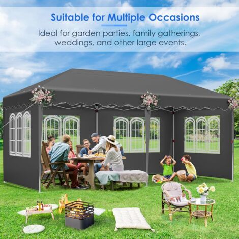 Gazebo pieghevole impermeabile 3x6m, gazebo da giardino, tenda da ricevimento con 6 pannelli laterali, Oxford 420D, protezione UV 50+, con borsa portaoggetti (grigio)