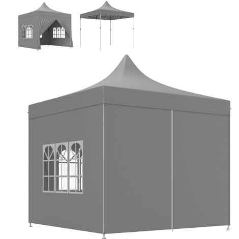 Gazebo pliant 3x3m avec 4 panneaux latéraux amovibles, 3 fenêtres, hauteur ajustable, sac de transport, gris