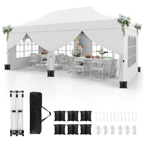 Gazebo pop-up con 6 pareti laterali e ingressi con cerniera, Gazebo istantaneo portatile per festa e picnic 3 x 6 m Bianco