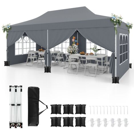 Gazebo pop-up con 6 pareti laterali e ingressi con cerniera, Gazebo istantaneo portatile per festa e picnic 3 x 6 m Grigio