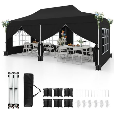 Gazebo pop-up con 6 pareti laterali e ingressi con cerniera, Gazebo istantaneo portatile per festa e picnic 3 x 6 m Nero