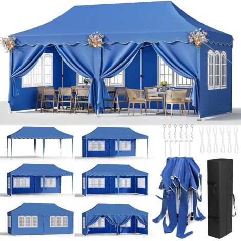 Gazebo pop-up pavillon 3x6m, tente de fête pliante et étanche avec 6 panneaux latéraux UV 50 + hauteur réglable 2-3M Bleu
