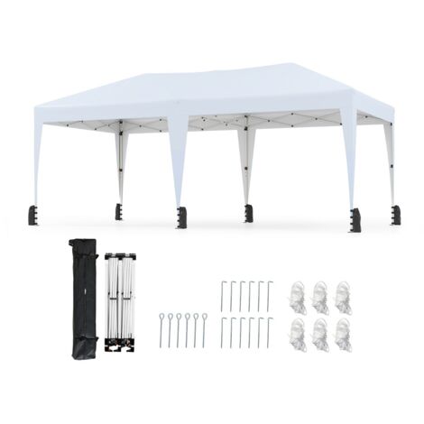 Gazebo pop-up portatile da esterno con borsa con ruote per campeggio 12 picchetti, Tenda pieghevole 590x300 cm Bianco