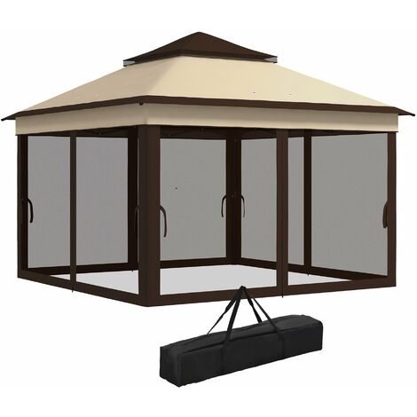Gazebo Regolabile su 3 Livelli con Pareti Rimovibili 3x3m in Acciaio e tessuto Oxford Caffè e Beige
