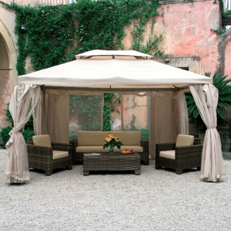 Gazebo Sahara 3x4x2.85 m structure aluminium moustiquaire dessus et couvertures late'rales en polyester e'cru pour jardin exte'rieur