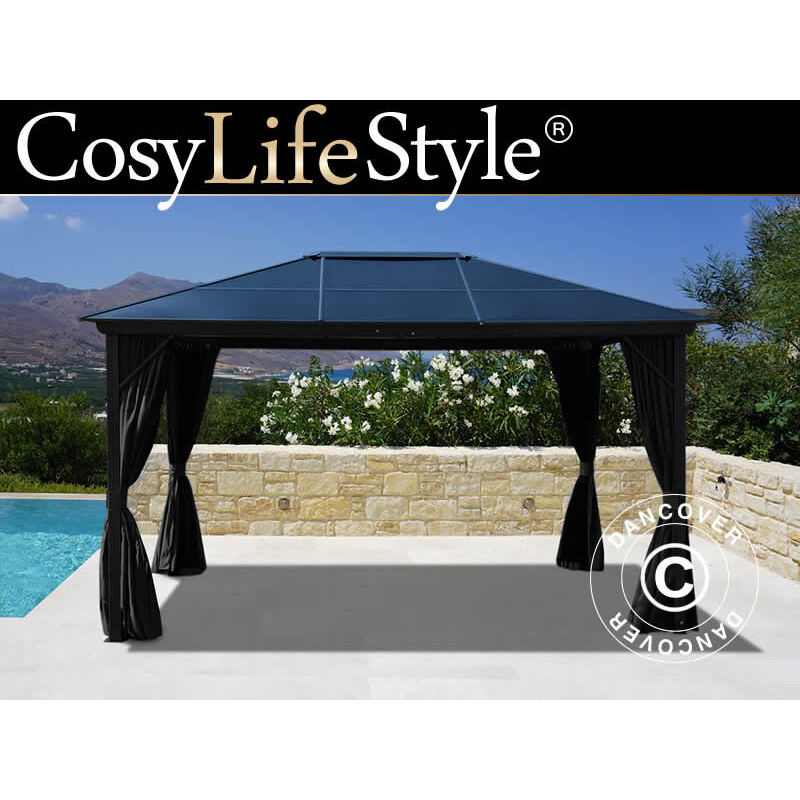 Gazebo Santa Barbara w/curtains and mosquito net, 3x4 m, Black