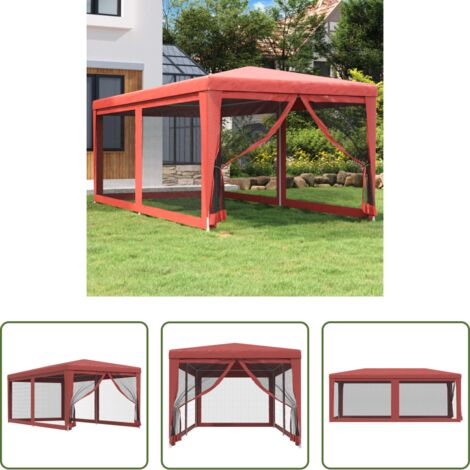 Gazebo -  Tenda per Feste con 6 Pareti Laterali in Rete Rossa 3x6 m HDPE