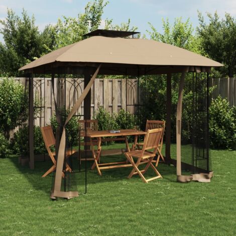 Gazebo with Double Roof and Mesh Walls Taupe 2.94x2.94 m Steel vidaXL