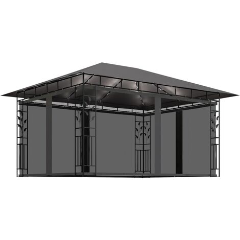 Gazebo with Mosquito Net&LED String Lights 4x3x2.73m Anthracite vidaXL