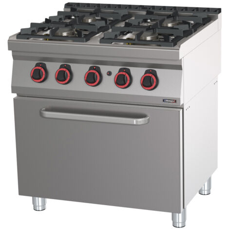Gazinière 4 feux avec four à gaz GN 2/1 – Plaque inox AISI 304 – Système de chaleur statique – Puissance 3 x 7500W – Dimensions four L682 x P558 x H348mm – Casselin