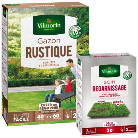 Gazon Rustique - 1 kg + Soin Regarnissage Universel 2 en 1 - 500 g Vilmorin