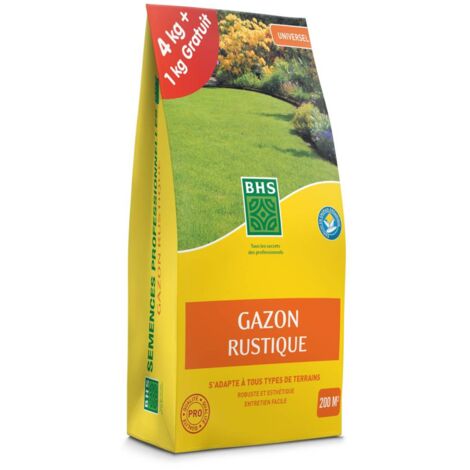 Gazon rustique 5 kg (1 kg gratuit) – Surface jusqu'à 200 m² – Engrais organique NPK 5-3-6 – Résistant au piétinement et à l'ombre – BHS