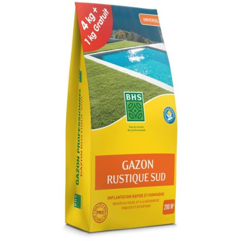 Gazon rustique sud – Sac de 5 kg (1 kg gratuit) – Surface 200 m² – Composition : Ray Grass anglais et Fétuque rouge – BHS