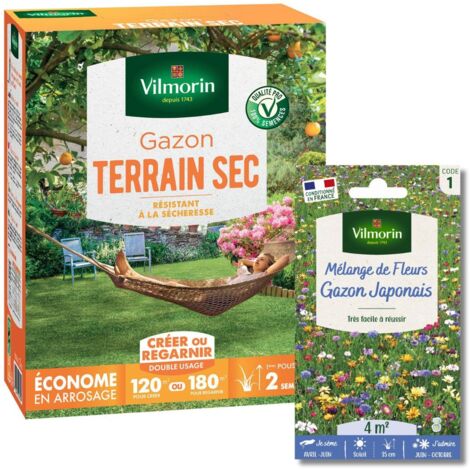 Gazon Terrain Sec - 3 kg + Gazon Japonais - 4 m² - Mélange de fleurs Vilmorin