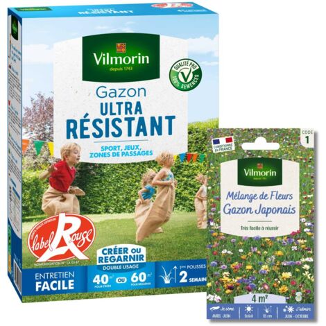 Gazon Ultra Résistant - Label Rouge - 1 kg + Gazon Japonais - 4 m² - Mélange de fleurs Vilmorin