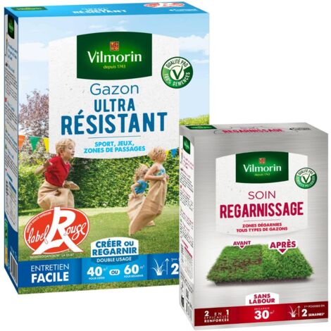 Gazon Ultra Résistant - Label Rouge - 1 kg + Soin Regarnissage Universel 2 en 1 - 500 g Vilmorin