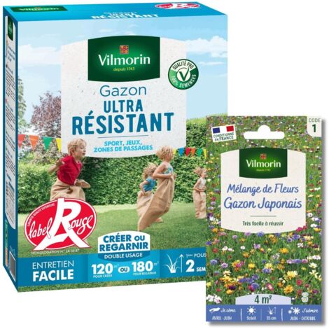 Gazon Ultra Résistant - Label Rouge - 3 kg + Gazon Japonais - 4 m² - Mélange de fleurs Vilmorin