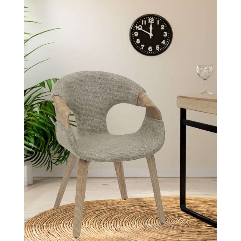 Uniqka - Gazy - chaise en tissu Taupe et bois blanchi