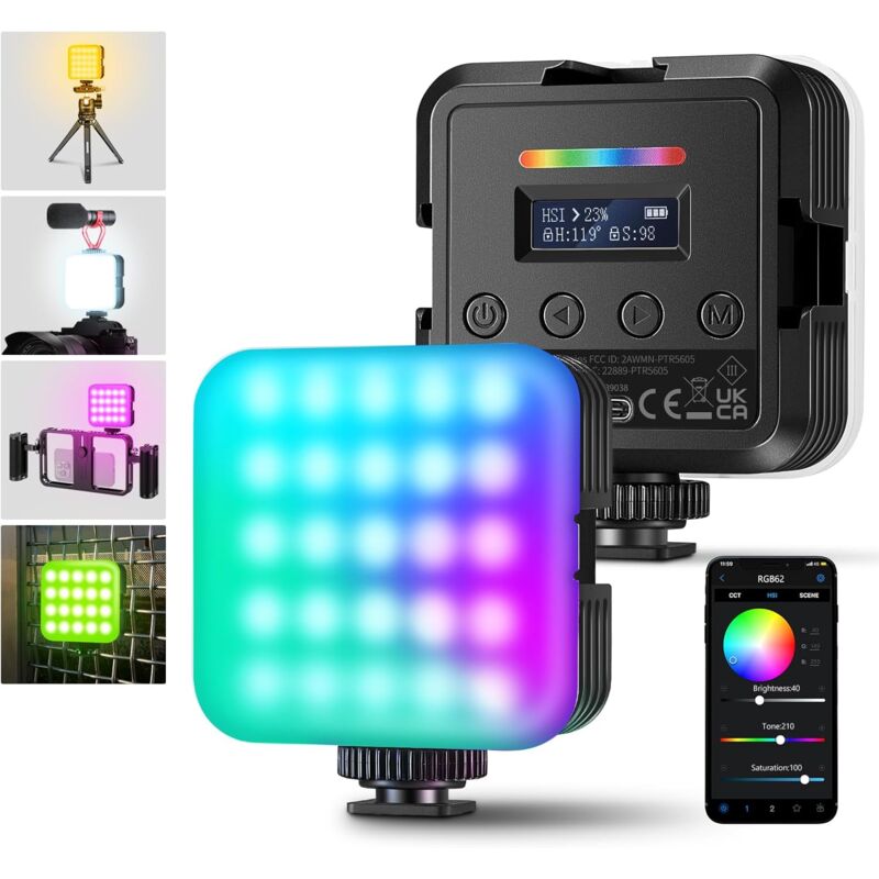 GB62 Lampe Vidéo RGB Magnétique avec Contrôle APP,Pack de 2 Lumière Caméra LED Couleur 360°avec 3 Sabot Froid CRI97 + 2500K-8500K 17 Scènes 2000mAh