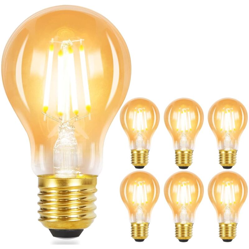 6 pcs Ampoules led E27 Lampe Vintage - Ampoule A60 Edison Light Bulb 2700K 4W Lampe à Incandescence Blanc Chaud Filament Ampoule Rétro Verre Antique